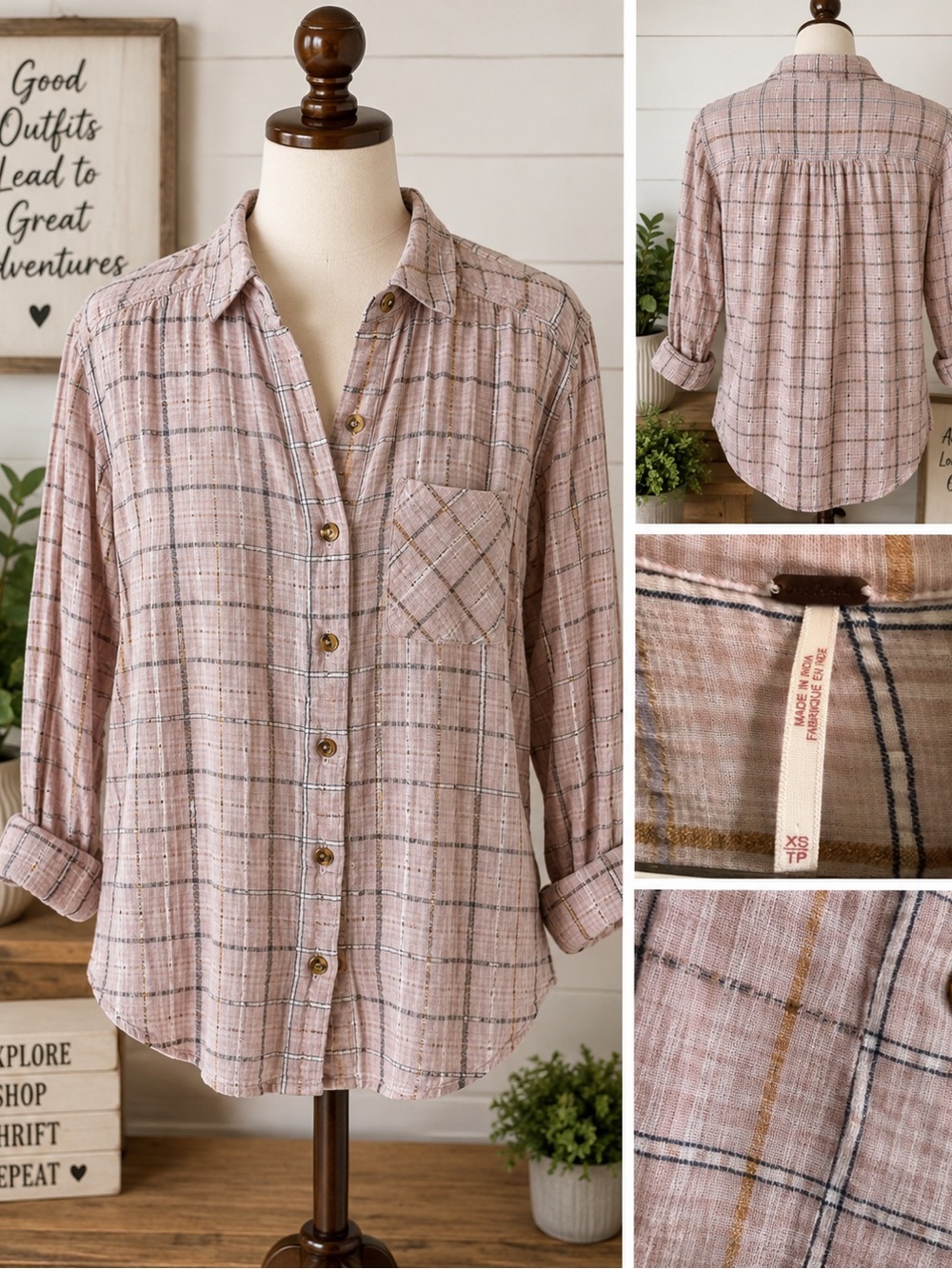 Free People Plaid Button Front Tunic Blouse XS Pink Boho